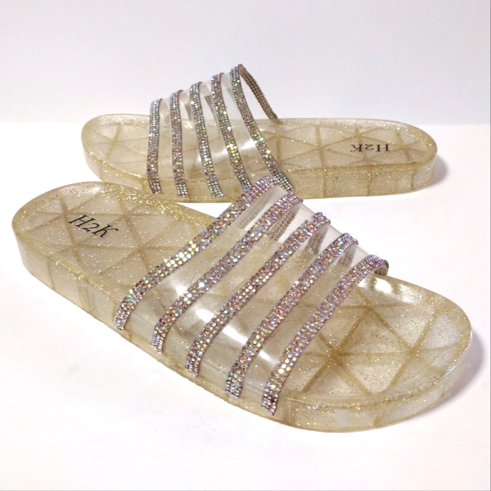 H2K Women's Jelly Glitter Summer Slide Open Toe Rhinestone Sandals Size 8 Gold - Picture 4 of 8